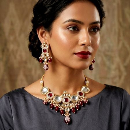 Handcrafted Ruby Kundan Bridal Necklace Set with Pearl Embellishments